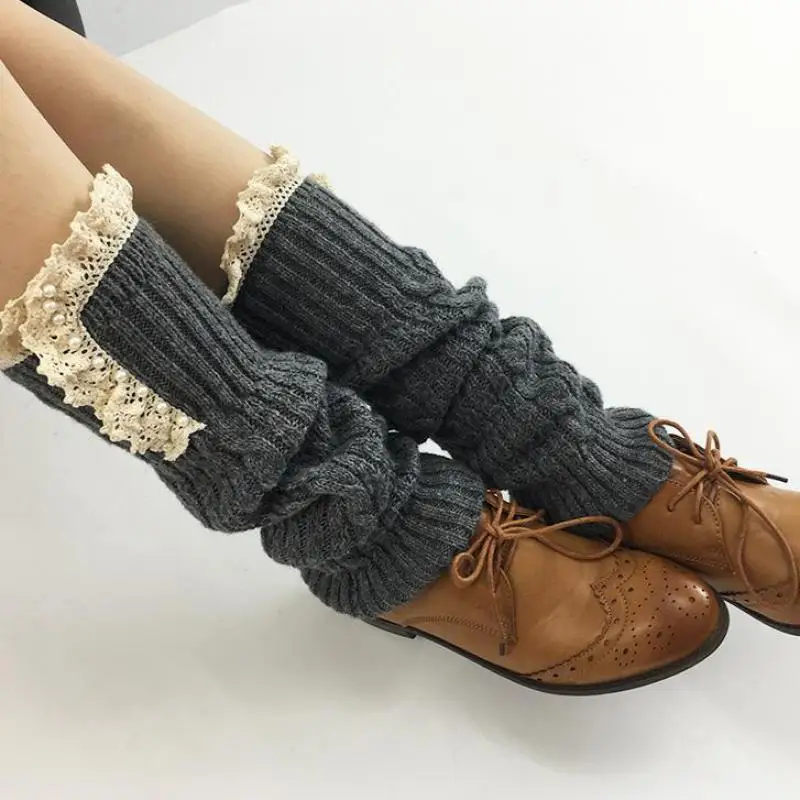 

2021 Women Boots Cover Cable Knitted Lace Side Trim Pearl Budded Luxury Calf Socks 43cm Length Calf Bandage Leg Warmers 5colors