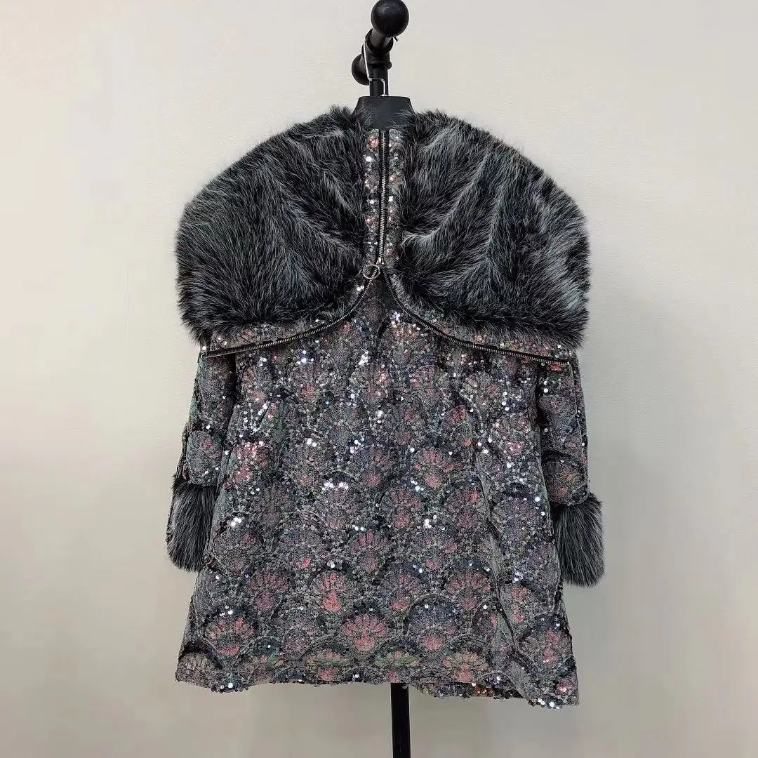 2022 Winter Clothes Fashion Toka Warm Mid-Length Jacket High Waist Slimming Temperament Heavy Sequins Elegant Fur Coat Women