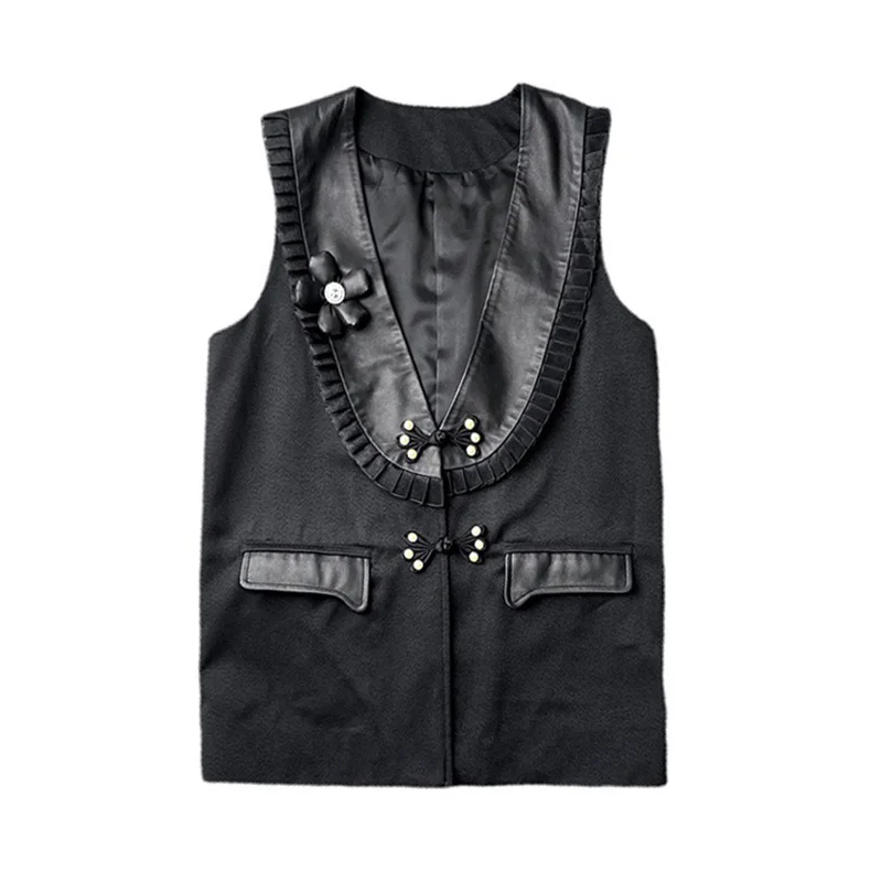 Женский кожаный жилет с оборками из овечьей кожи цветочным рисунком модель TF4777