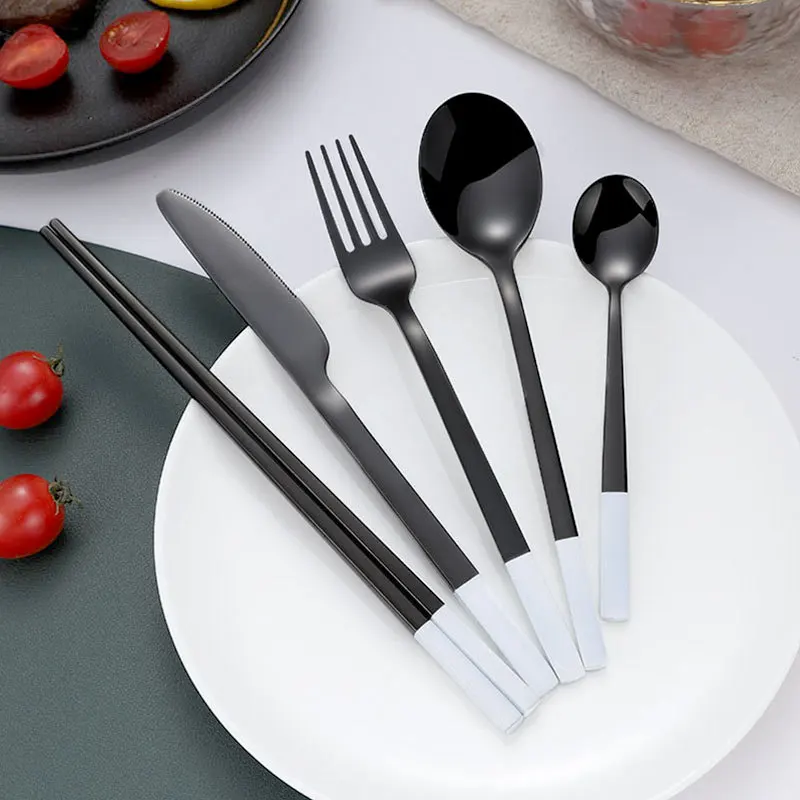 

1pcs 430 Stainless Steel Tableware Northern Black And White Stitching Western Food Knife And Fork Spoon Chopsticks Dinnerware