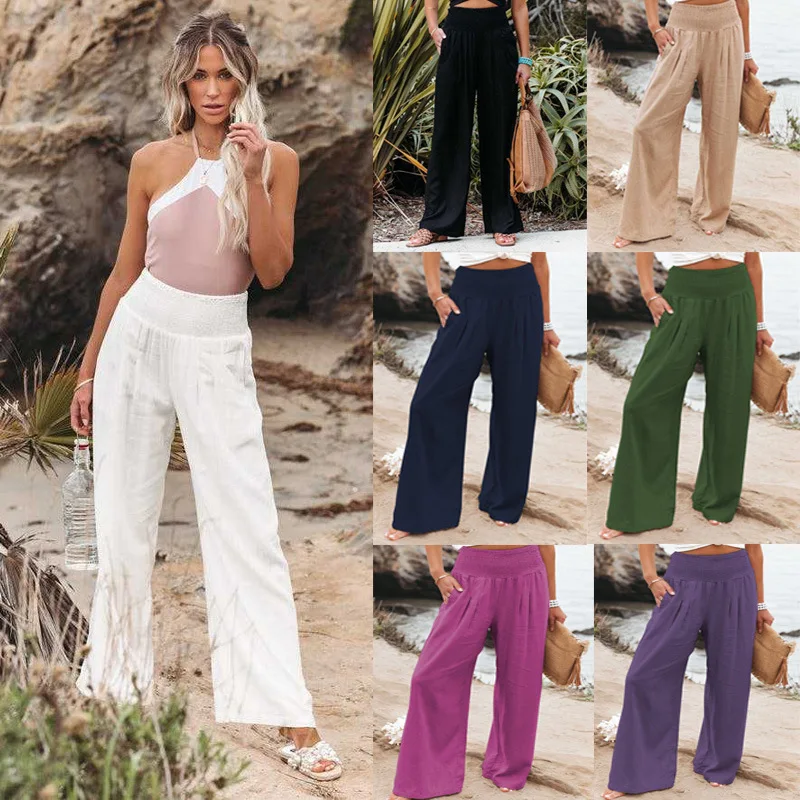 

2022 Summer Women's Cotton And Linen Elastic Waist Wide Leg Pants Casual Loose High Waist Solid Color Trousers Vetement Femme