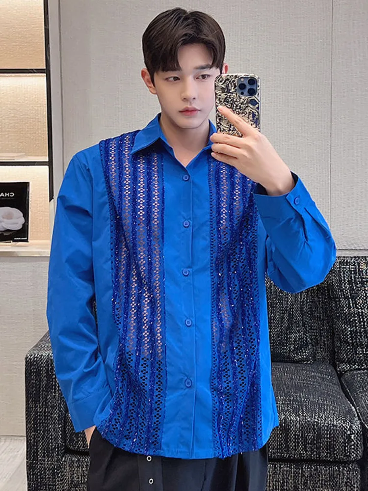 

SYUHGFA 2022 Весенняя сетчатая Лоскутная рубашка с отложным воротником с длинным рукавом для мужчин свободные модные стильные топы Однотонная р...