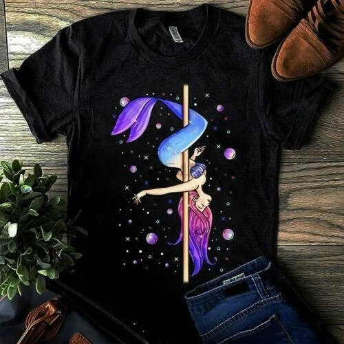 

Mermaid Pole Dancing Ladies T-Shirt Black Cotton S-3Xl Made In Usa