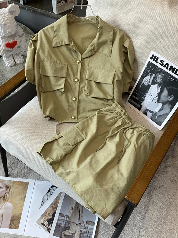 

Summer Outfits Skirt Two Piece Set For Women Short Sleeves 2023 Tooling Style Short Blouses+Sexy Elastic Waist A-Line Skirt Suit