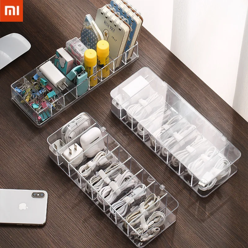 

Xiaomi Grid Data Cable Storage Box Transparent Desktop Organizer Charger Headphone Cable Cosmetics Storage Large Capacity