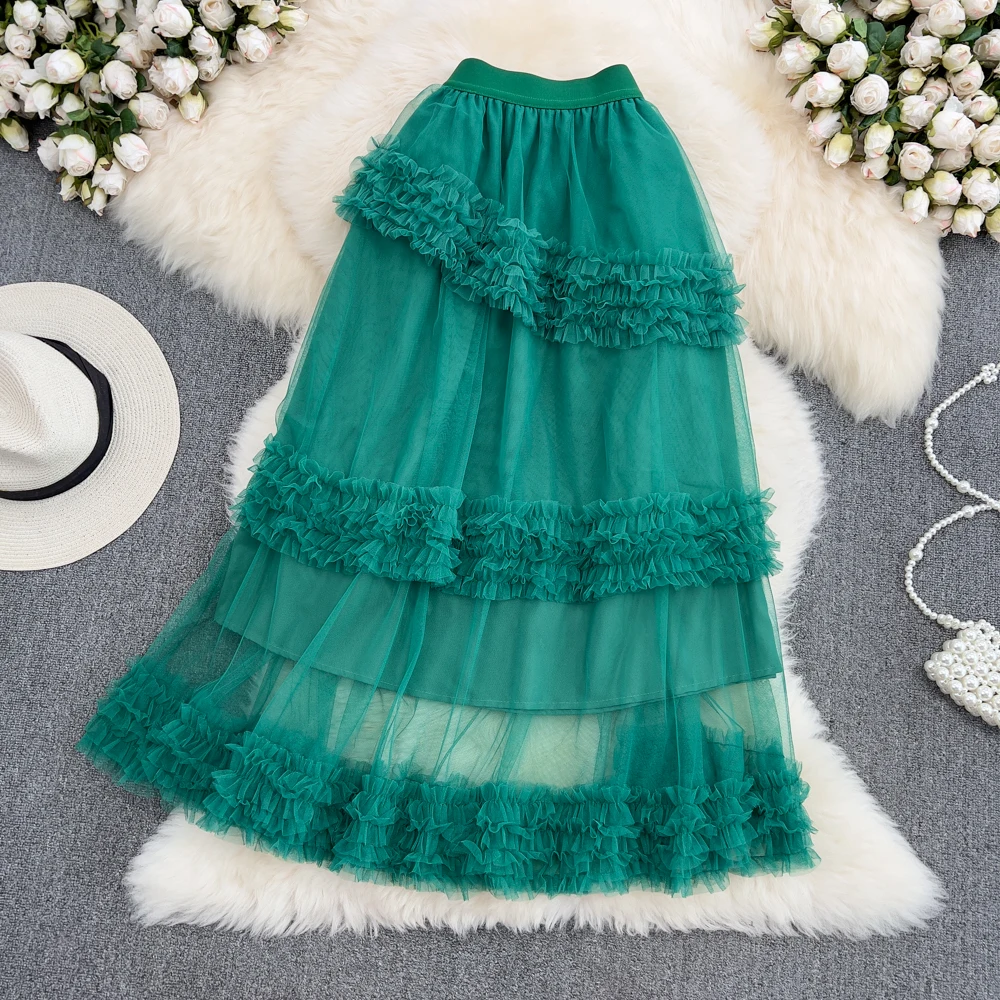 

VANOVICH Summer New Korean Style Elastic High-waisted Slim Ruffled Edge Patchwork Skirt Fashion Solid Color Mesh A-LINE Skirt