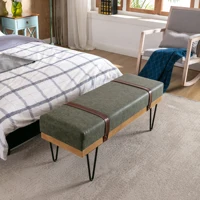 Faux Leather Soft Cushion Upholstered Solid Wood Frame Rectangle Bed Bench with Powder Coating Metal Legs ,Entryway Footstool
