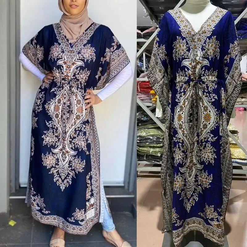Женское платье в мусульманском стиле, Свободное длинное платье с цветочным принтом, с рукавом летучая мышь
