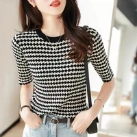 2022 womens summer worsted wool knitted short sleeved t shirt round neck black and white plaid slim and thin fashion ladies top