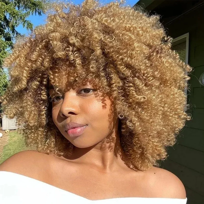 Короткий афро-кудрявый парик с челкой Синтетические африканские бесклеевые