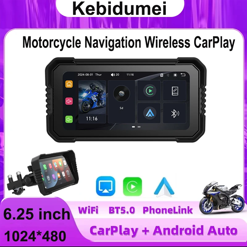 Фото Bluetooth5.0 Motorcycle Navigation CarPlay IP67 Waterproof Wireless Carplay Display Screen Motorcycle Android Auto Monitor №1