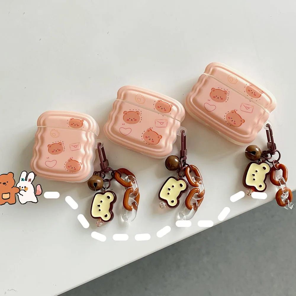 

Case for Apple AirPods Pro 2 Earphone Protector Cover for AirPod 3 Cute Brown Bear Keychain Soft Wavy Frame Air pods 2 fundas