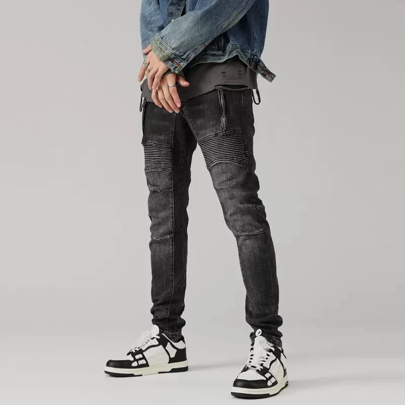 Street Fashion Men Jeans Retro Black Gray Elastic Slim Fit Spliced Biker Jeans Men Zipper Patch Designer Hip Hop Pants Hombre