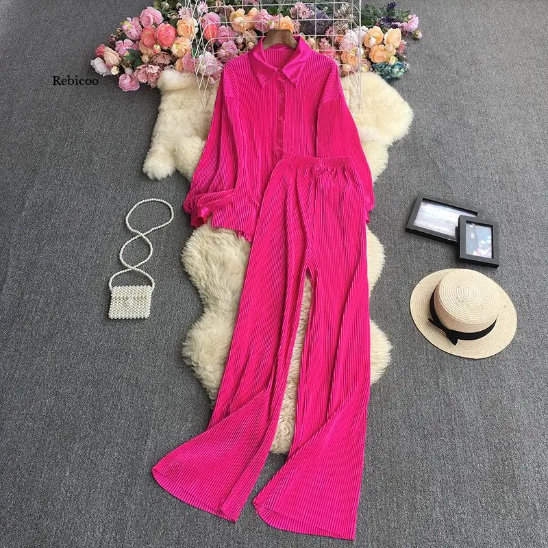 

Sleepwear Loose Sexy Pajamas for Women Single-Breasted Long Sleeves Shirts and Wide Leg Pants Trouser Suits