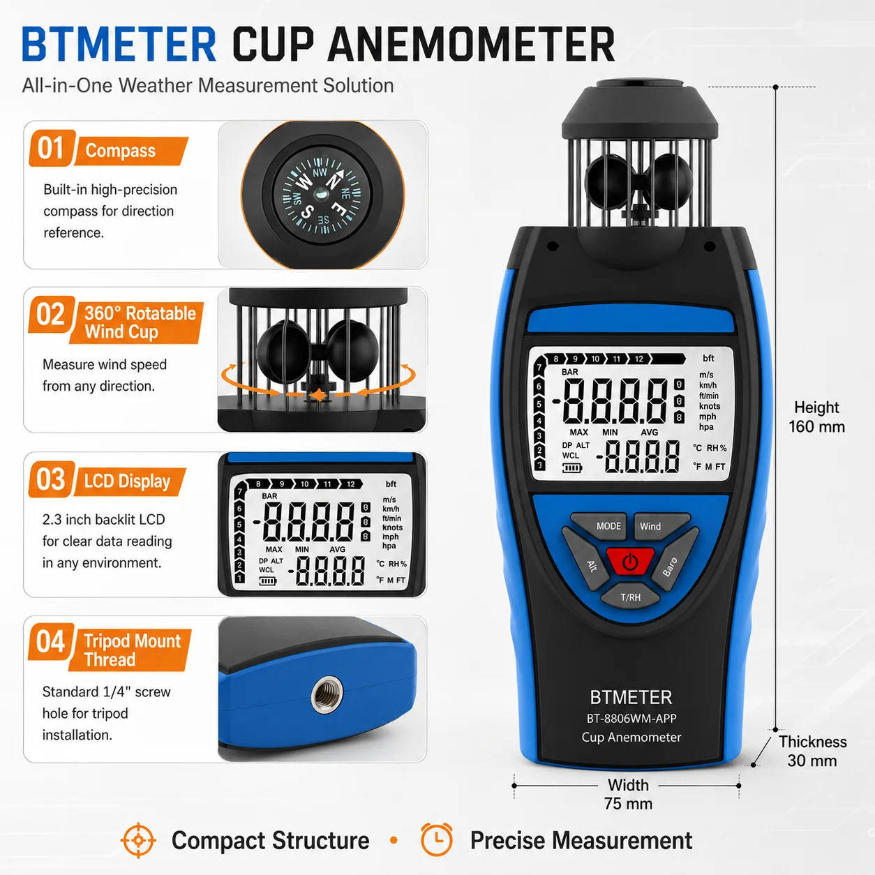 Фото Метеорологический измеритель 8806WM с Bluetooth и приложением, 360° °   Измеритель скорости ветра, температуры, влажности, барометр, высотомер, точка росы, компас для полевых работ и активного отдыха №3