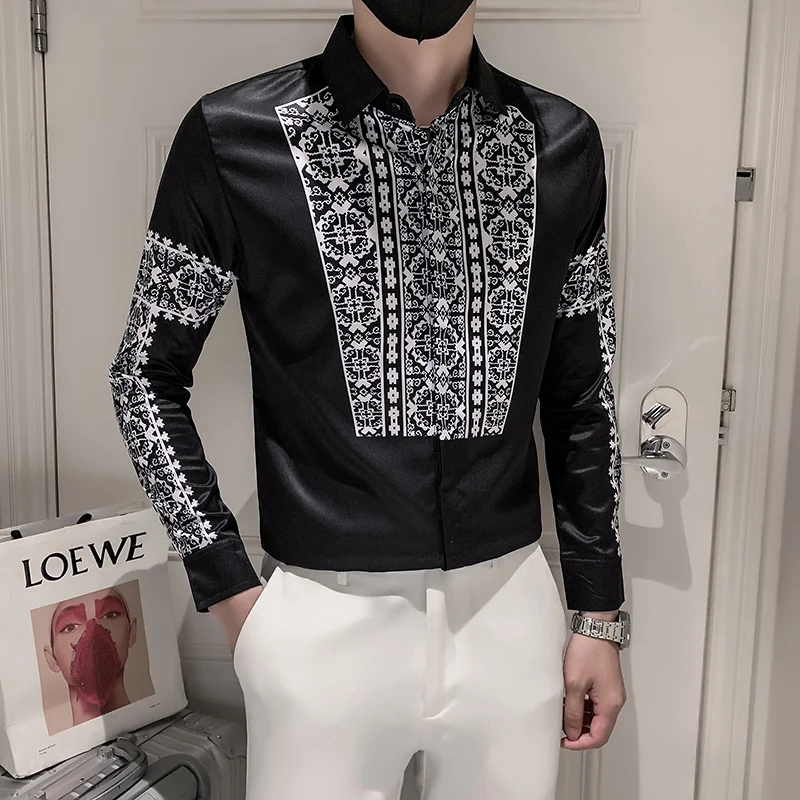 

Long Sleeve Men Shirt Classic Noble Style Printed Slim Fit Buttons Mens Shirts Prom Social