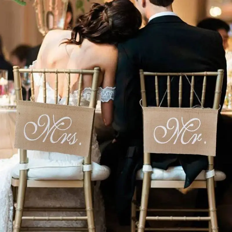 

1 Set of 2 Burlap Bows Mr. & Mrs Burlap Chair Banner Set Chair Sign Garland Rustic Wedding Party Decoration Dropshipping