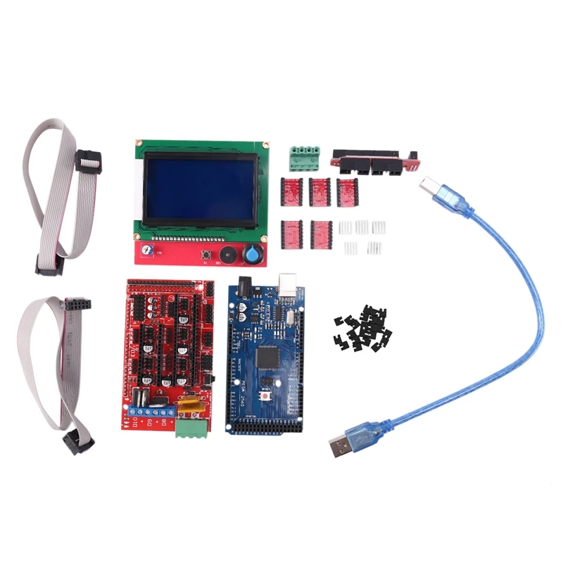

Контроллер Ramps 2560, Mega 1,4 R3 Ch340-1 шт., шаговый модуль драйвера A4988-5 шт., контроллер 12864 для 3D-принтера-1 шт.
