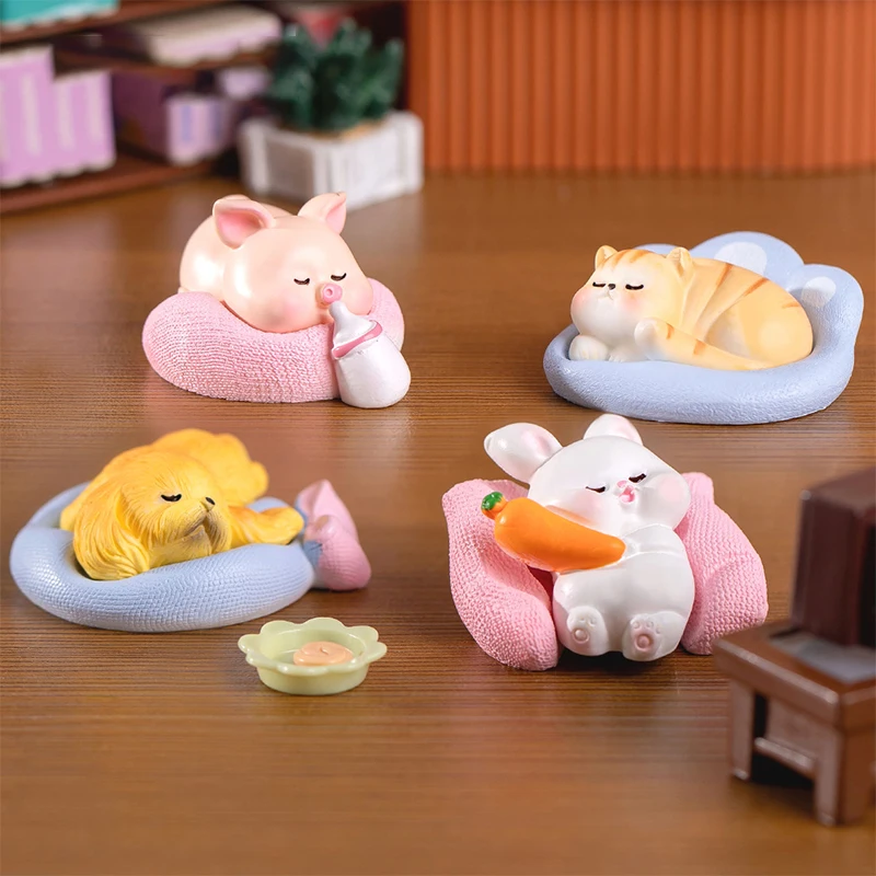 

Mini Figurines Sleeping Cat Dog Pig Rabbit Resin Crafts Miniature Landscape Home Desktop Decoration Flower Pot Garden Ornaments
