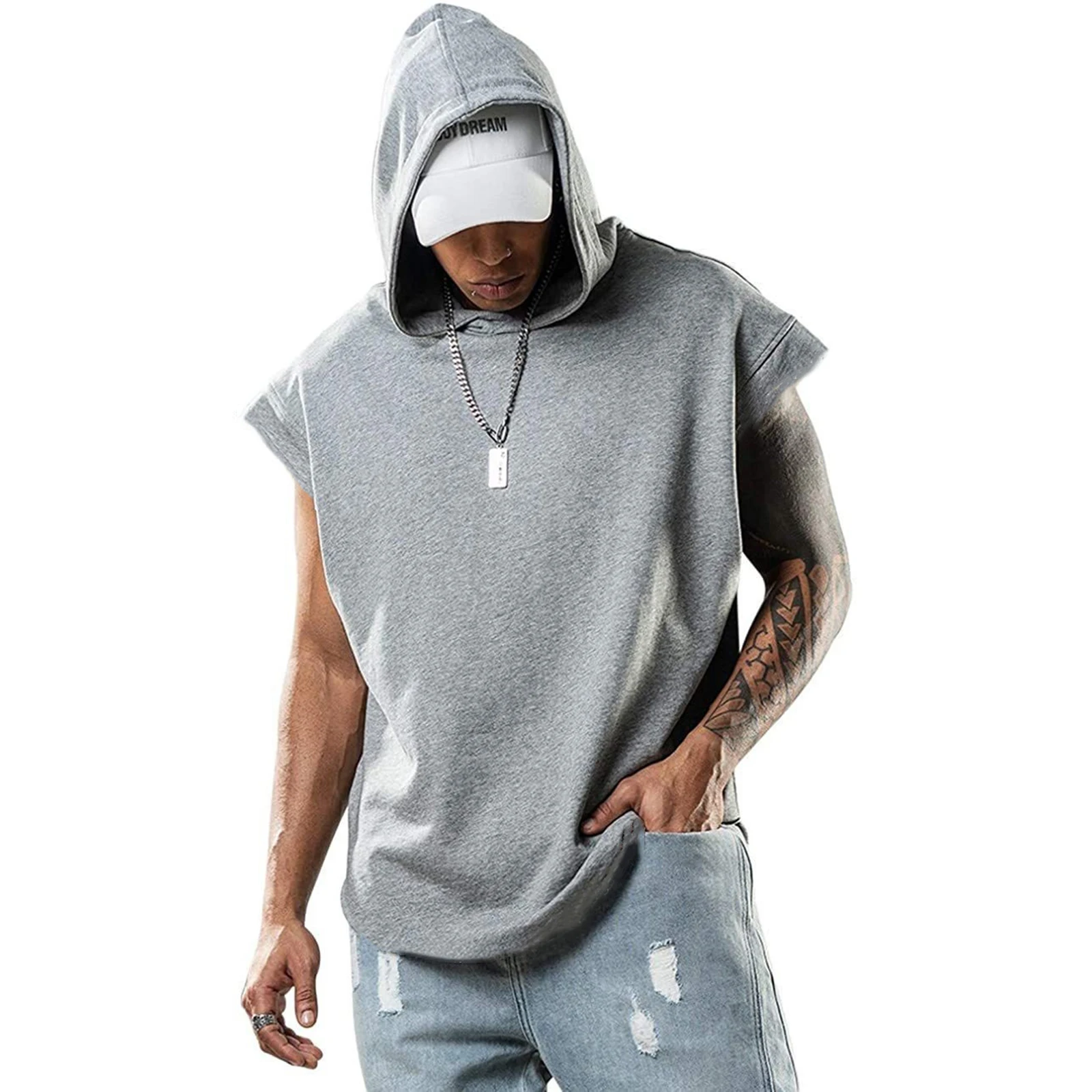 Summer Mens Sleeveless Hooded Tank Top Male Soild Athletic Loose T-shirt for Gym Muscle Bodybuilding Workout Sports Running