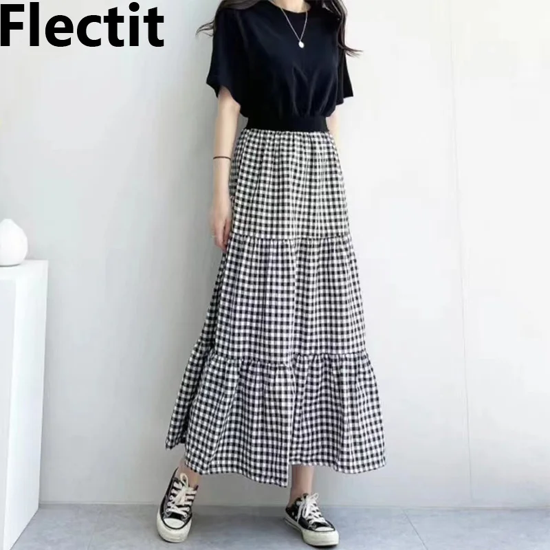 

Женское Многоярусное платье Flectit в клетку, длинное черно-белое платье с коротким рукавом и имитацией двух частей из хлопка, пляжная одежда н...