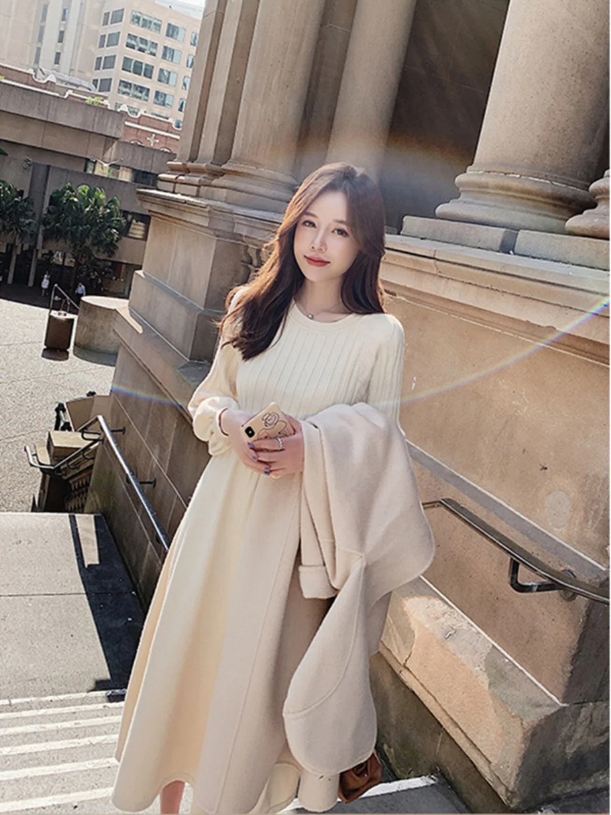 Платье-свитер с рукавами-фонариками женское осенне-зимнее одинаковое пальто