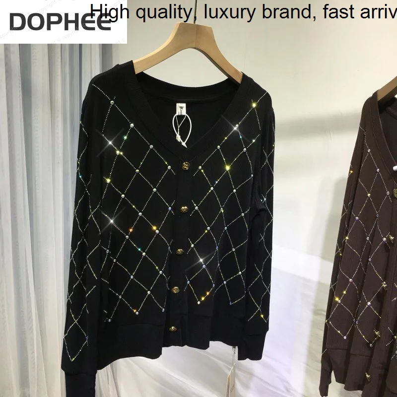 

Hot Diamond Lattice Drilling Women Bottoing Shirt V-neck Long-sleeved T-shirt Single-breasted Autumn Winter Knitted Top 2023 New