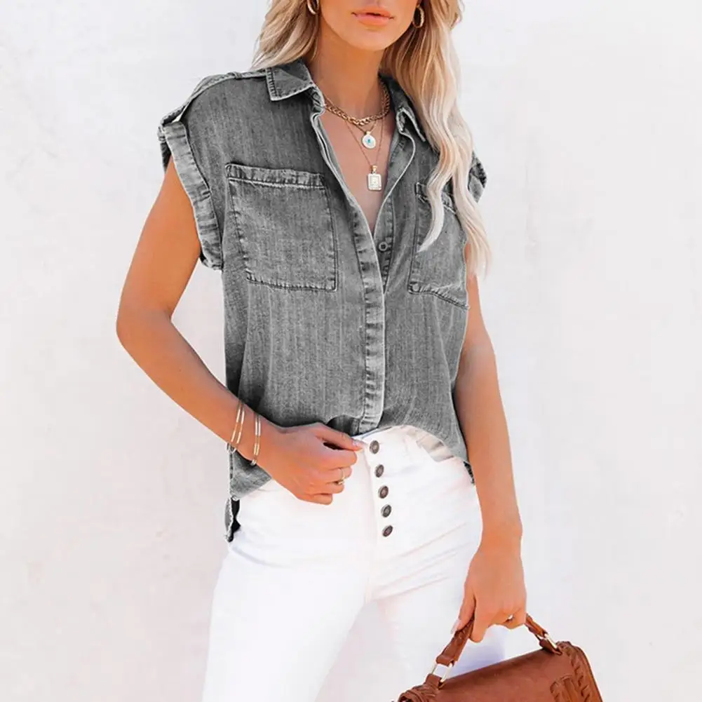 

Women Shirt Lapel Collar Breathable Lightweight Straight Pocket Sleeveless Denim Shirt for Daily Life