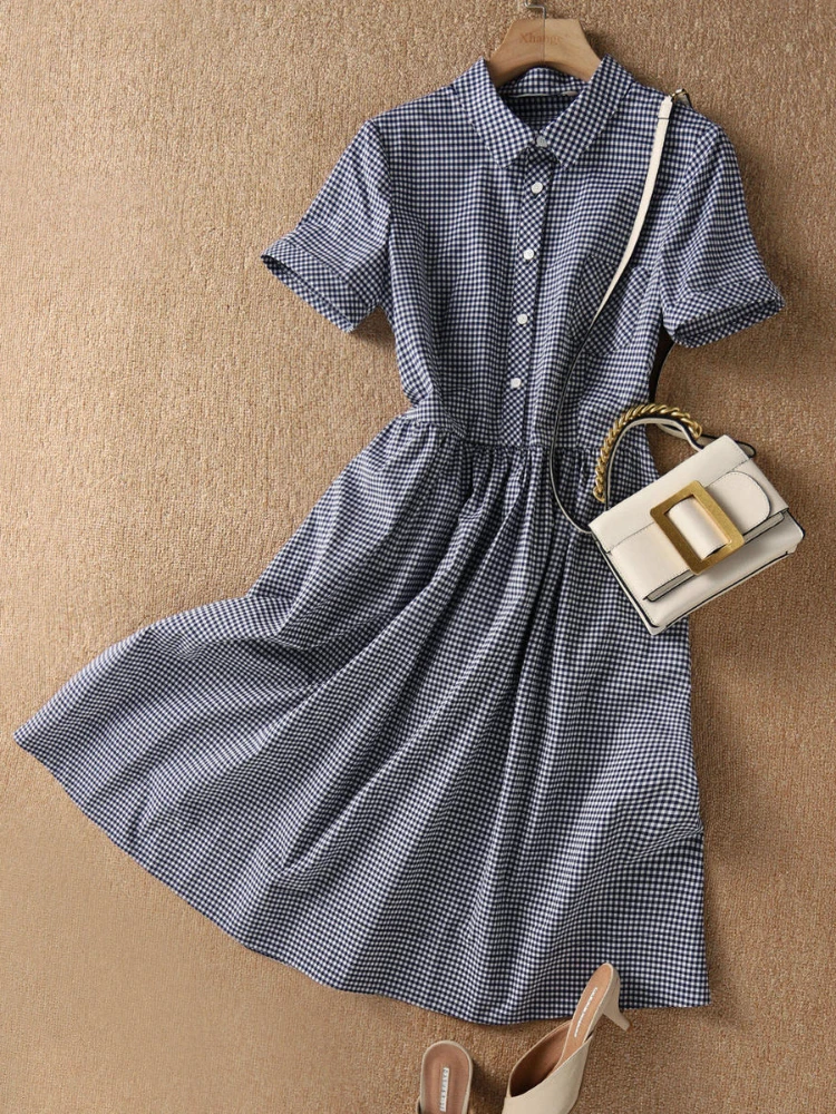

Summer New Dark Blue Plaid Dress Women Clothing Casual Short Sleeve A-LINE Slim Knee-Length Dresses Femme Party Large Size S-4XL