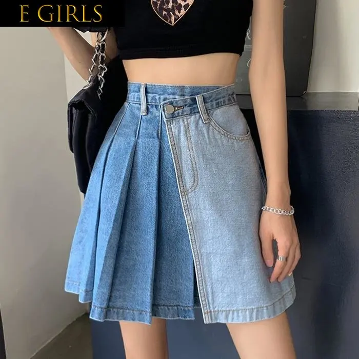 

E GIRLS Denim Pleated Skirts Women Patchwork S-4XL Fake-two Pieces Panelled Trendy High Street Empire Loose Mini Harajuku Chic