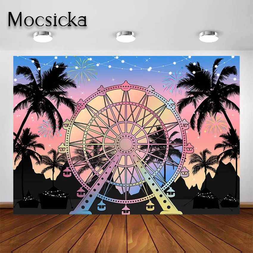 Фон Mocsicka с изображением колеса обозрения для фотосъемки тропической пальмы и