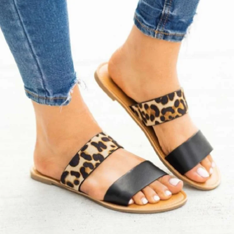

Plus Size Women's Outdoor Flat Sandals Summer Leopard Print Open Toe Low Heel Casual Slippers for Woman Roman Beach Slides Shoes