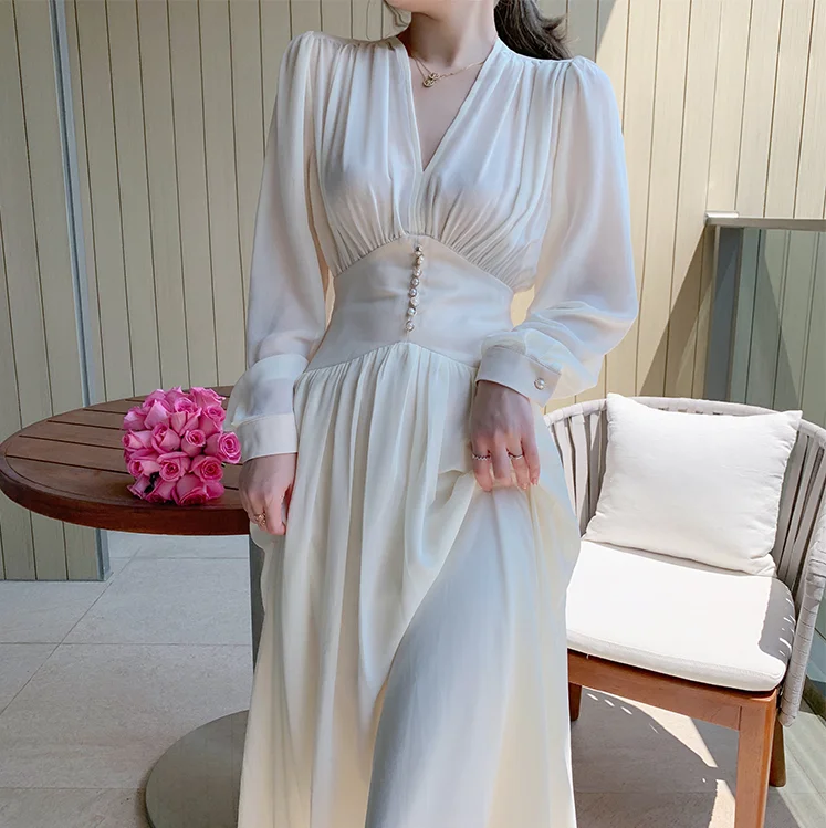 

Niggeey Vintage White Chiffon Dress Women Puff Sleeve V-Neck Bandage Casual Dress Chic Elegant Evening Party Dresses