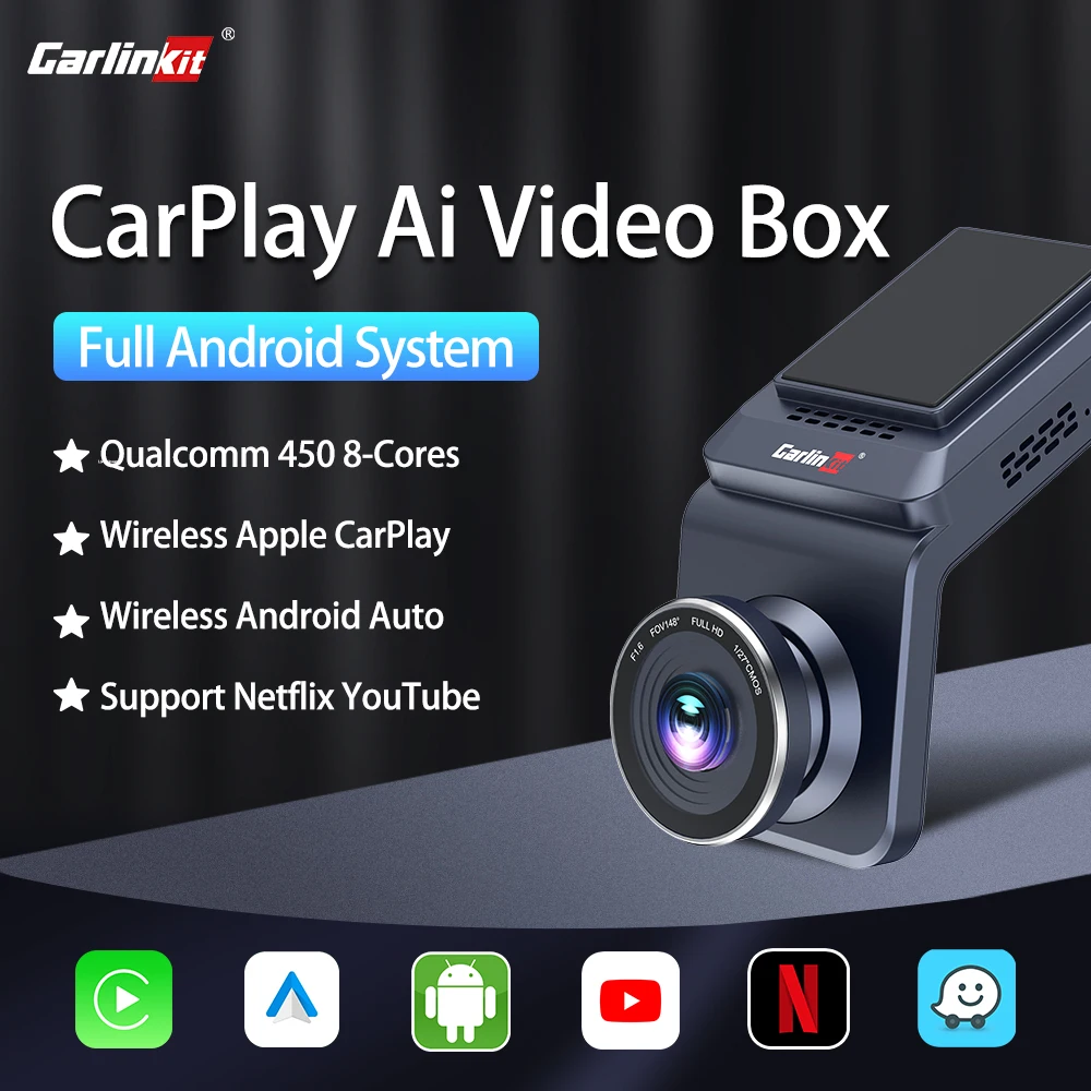 

CarlinKit Dash Cam CarPlay Ai Box Wireless Carplay & Android Auto WiFi Video Recorder YouTube Qualcomm 8-core Streaming Box GPS
