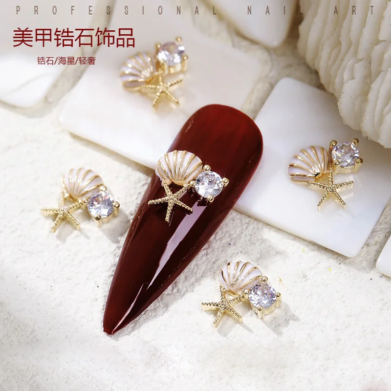 

5pcs 3D Summer Beach Series Nail Art Charms Ocean Starfish Shell Diamond Design Nail Decorations Fashion Luxury Nail Accessories
