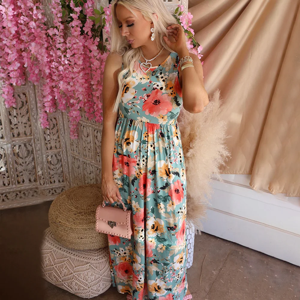 

2023Elegant casual slim dress, summer new printed round neck sleeveless high waist casual dress women m10125