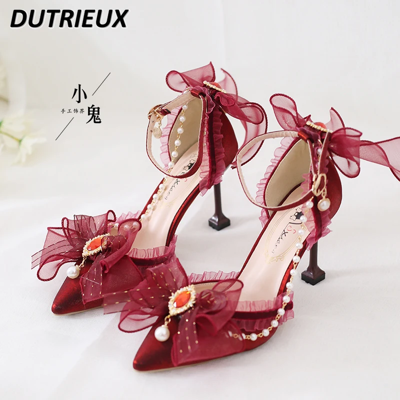 

Summer Autumn 2023 New Lace Shoes Women Stiletto Rhinestone All-Matching Pointed High Heels Leather Wedding Shoes Girls' Pumps