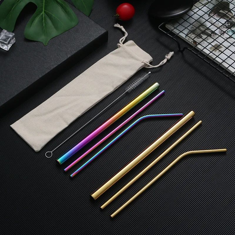 Metal Reusable 304 Stainless Steel Straws Straight Bent Drinking Straw With Case Cleaning Brush Set Party Bar accessory