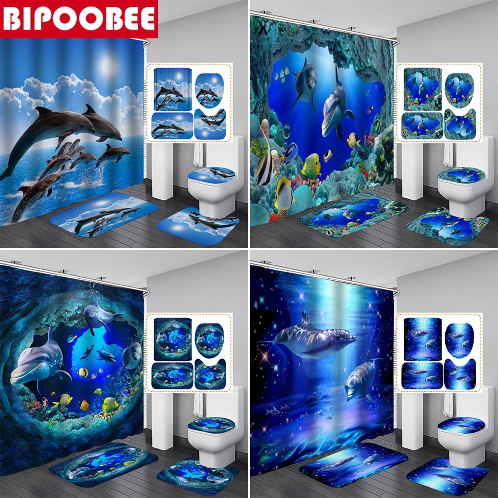 3D Ocean Design Dolphin Waterproof Fabric Bathroom Curtain Shower Curtains Set Anti-skid Rugs Toilet Lid Cover Bath Mat