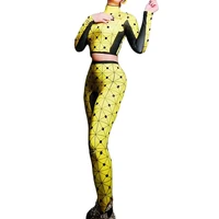 sequins plaid printing yellow two piece suit show waist personality performance costume lady party evening costume stage outfit