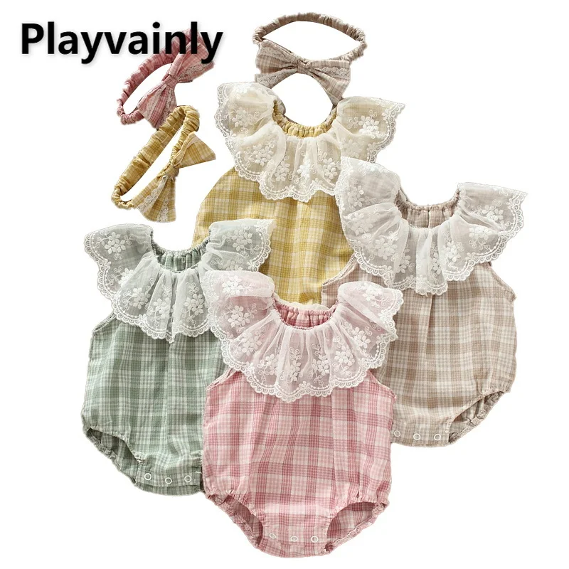 

Summer Baby Girl Bodysuit Lace Round Collar Sleeveless Pink Green Grey Yellow Plaid Jumpsuit with Headwear Newborn Clothes E2007