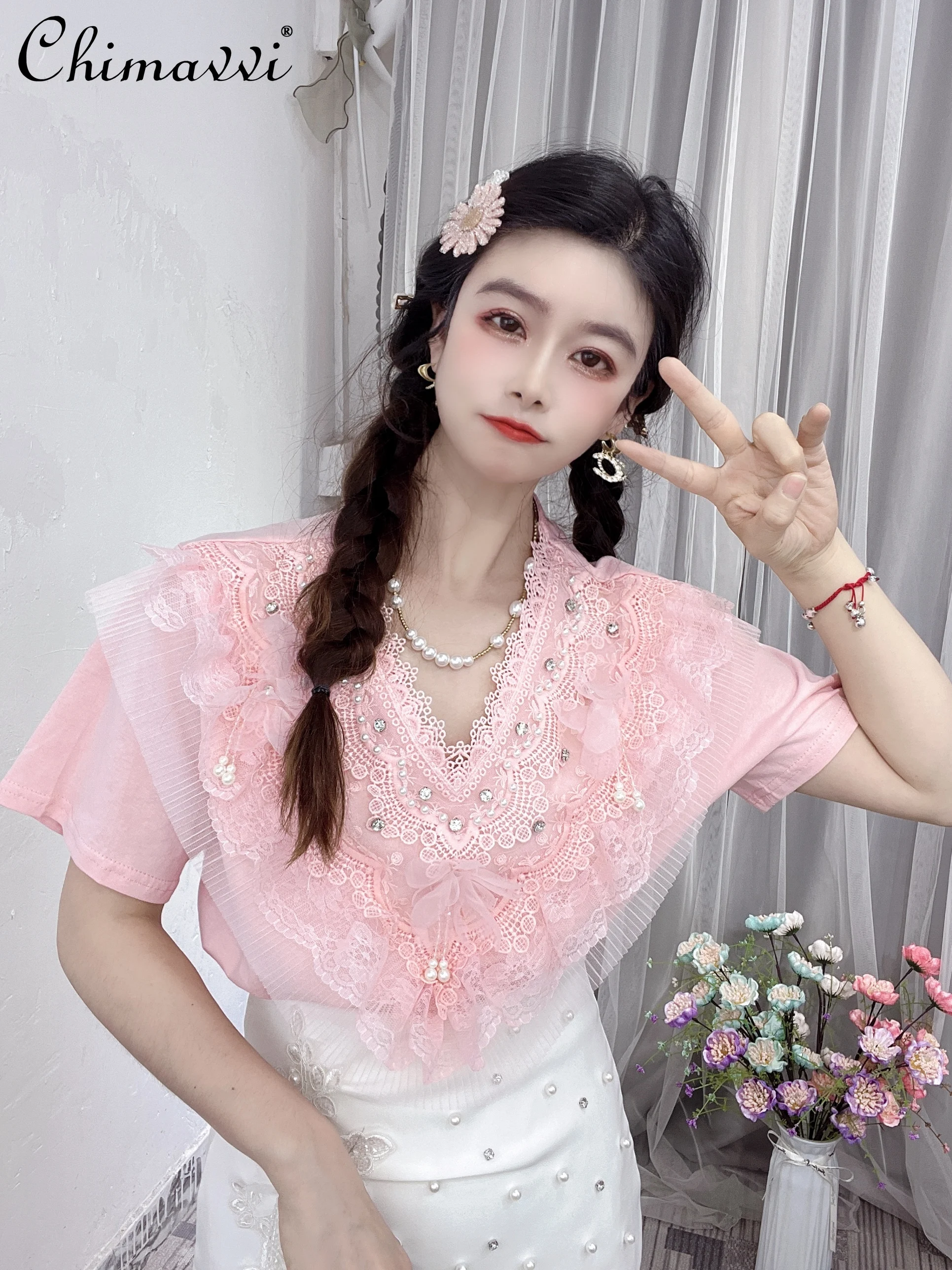 

Fairy Sweet Exquisite Flowers Beaded V-neck T-shirt 2022 Summer New Fashion Lace Ruffled Patchwork Short-Sleeved Top for Women