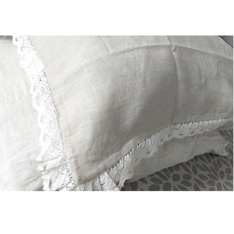 

One Piece Elegant White Cutwork Lace Pure Linen Matching Soft Pillowcase Bedding Crochet Eyelet Ruffled Sham Pillow Cover