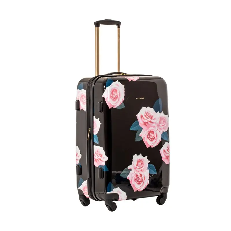 24-inch Hardside Rolling Spinner Checked Luggage, Pink Roses on Black