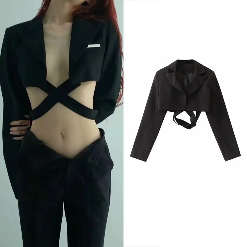 

Пикантный бандажный короткий блейзер для женщин Y2k, однотонный однобортный Повседневный Блейзер, крутой простой Универсальный костюм для д...