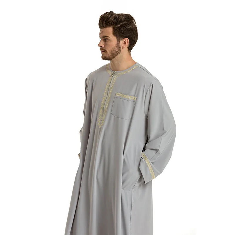 Muslim Men Long Sleeve Solid Color Breathable Robes 2022 Islamic Arabic Men Abaya S-4XL Muslim Ethnic Loose Embroidered Round