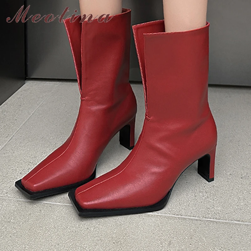 

Meotina Women Mid Calf Boots Square Toe Thick High Heels Concise Brand Design Ladies Fashion Shoes Autumn Winter Red Black 40