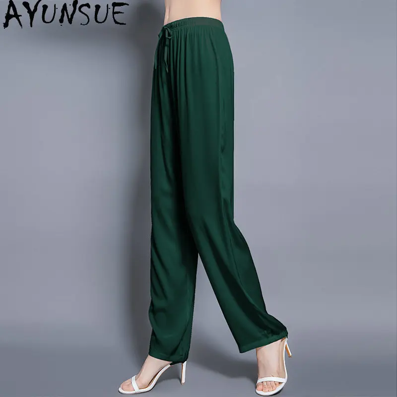 

Женские брюки из шелка тутового шелкопряда, широкие брюки с эластичным поясом, женская одежда, свободные брюки с высокой талией, 95%