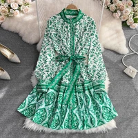 spring australian niche round neck long sleeved single breasted waist was thin bow tie print a line dress women