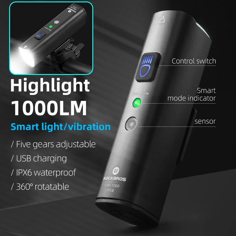 

ROCKBROS Bike Light 1000Lumen 4800mAh Headlight Power Bank Flashlight Handlebar USB Charging Cycling Bicycle Smart Sensing Light